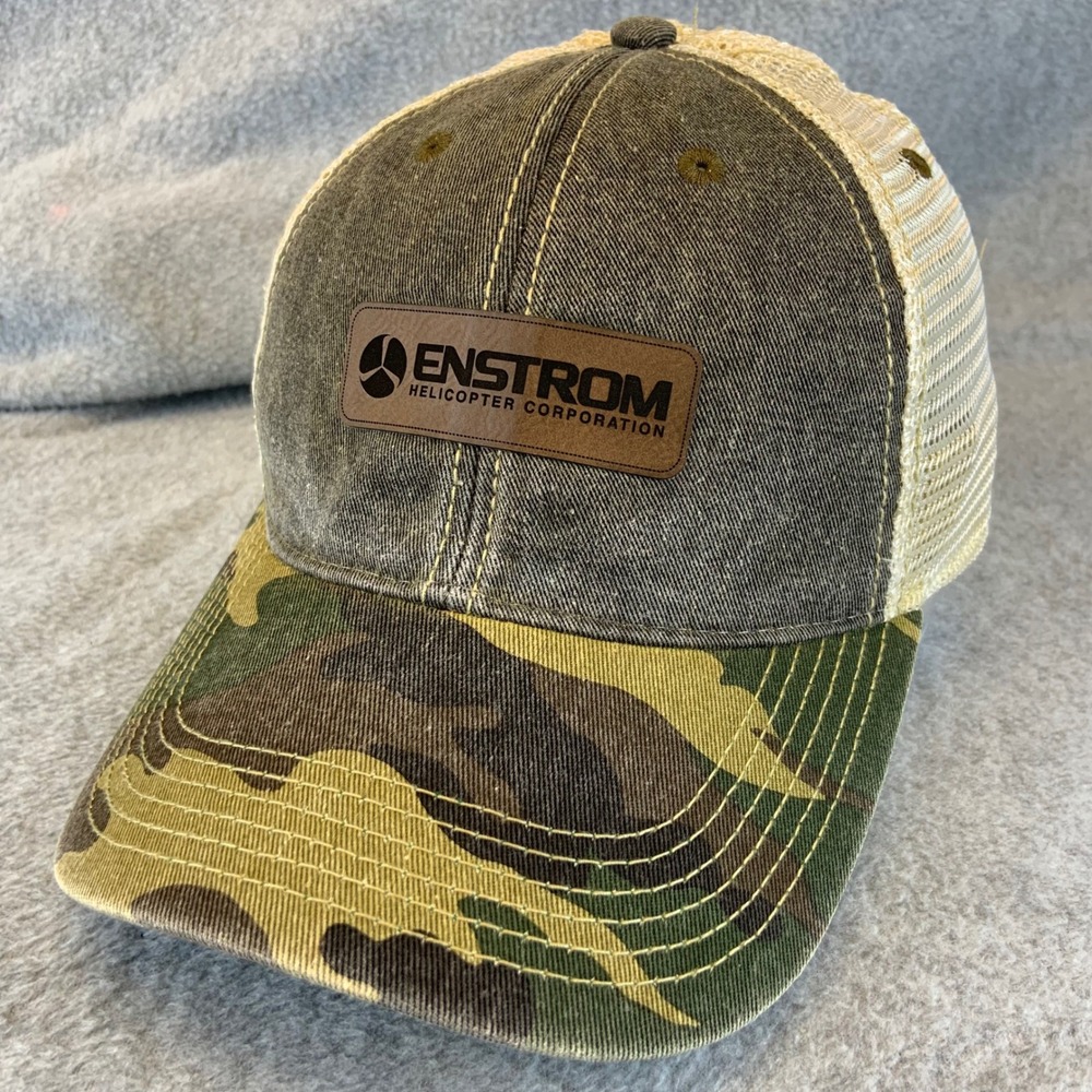 Enstrom Helicopter Logo Mens Green Camo Trucker Hat Mesh Snapback OSFM
